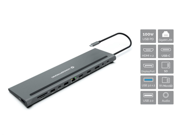 Stacja dokująca 12-w-1, USB-C 3.0, adapter LAN, hub USB, czytnik kart, adapter wideo (DONN17G)